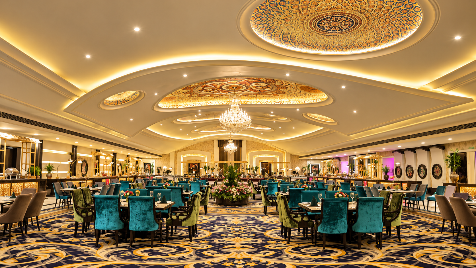 Symmetrical golden banquet hall view